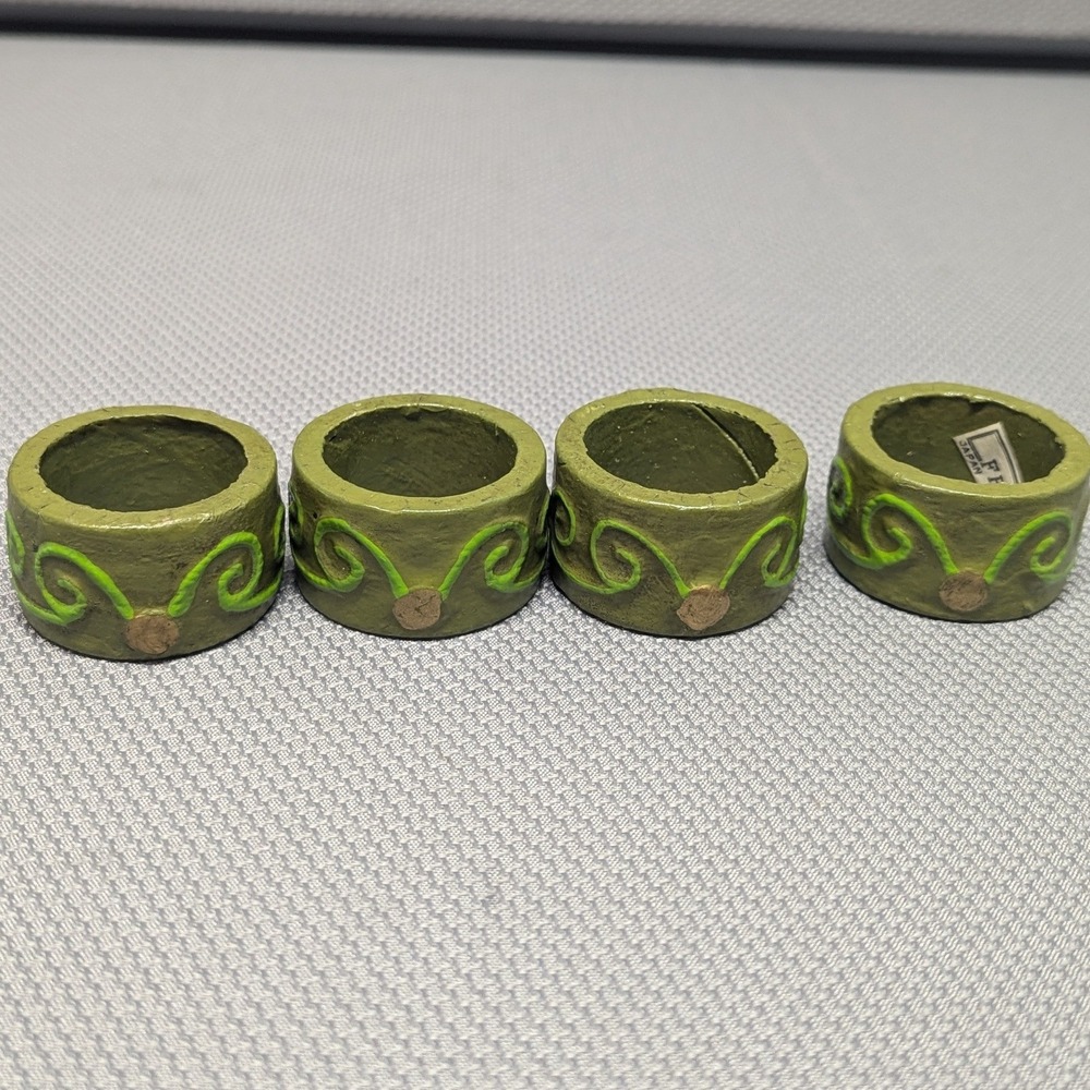 VTG Fitz & Floyd Japan Napkin Rings Set of 4 Green Scroll Hand Painted Boho